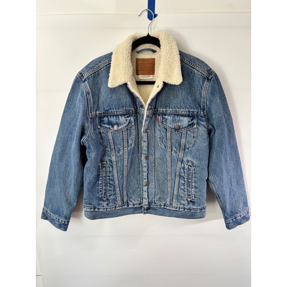 Levi's Premium Sherpa Trucker Jacket Mens Medium Blue Excellent Denim Type III